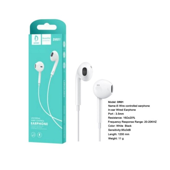 DENMEN WIRE CONTROL EARPHONES DR01 WHITE